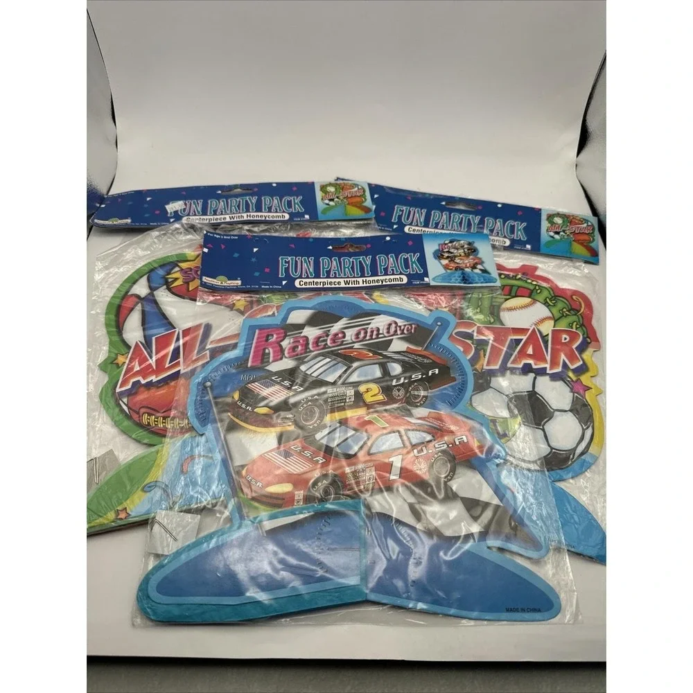 Vintage Lot of 3 All Star Race Car Deluxe Honeycomb Table Birthday Table Decor